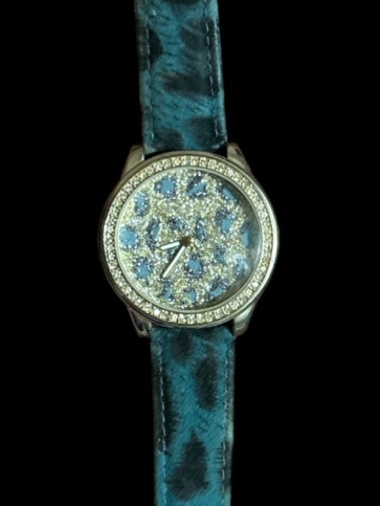 Accessories - Crystal Accent Blue Leopard Print Strap Women's Watch